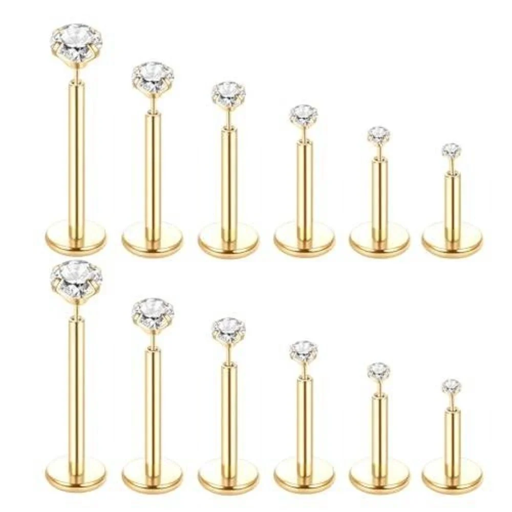 14K Gold Plated Labret Stud Earrings Set CZ‎ Flat Back Cartilage